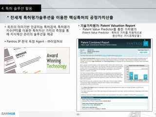 -11-IIAMHUB
4. 특허 솔루션 활용
• 기술가치평가: Patent Valuation Report
- Patent Value Predictor를 통한 가치평가
(Patent Value Predictor : 특허의 가치를 자동적으로
환산하는 거시경제모델 )
* 전세계 특허평가솔루션을 이용한 핵심특허의 공정가치산출
• 최초의 의미기반 인공지능 특허검색, 특허평가
지수(PFI)를 이용한 특허자산 가치의 측정을 통
해 지식재산 관리의 솔루션을 제공
• Pantros IP 한국 독점 Agent - ㈜이암허브
 