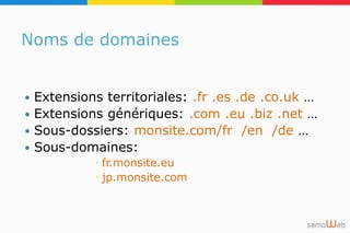 Noms de domaines
 Extensions territoriales: .fr .es .de .co.uk …
 Extensions génériques: .com .eu .biz .net …
 Sous-dossiers: monsite.com/fr /en /de …
 Sous-domaines:
 fr.monsite.eu
 jp.monsite.com
 