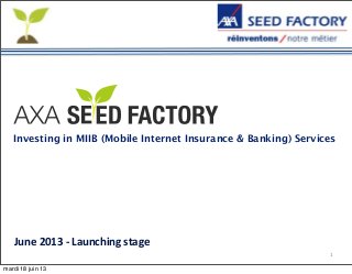 1
Investing in MIIB (Mobile Internet Insurance & Banking) Services
June	
  2013	
  -­‐	
  Launching	
  stage
mardi 18 juin 13
 