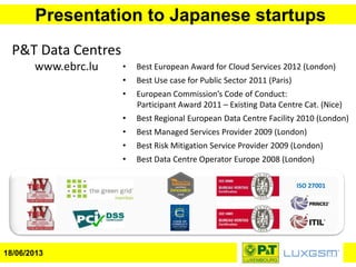 Presentation to Japanese startups
18/06/2013
P&T Data Centres
www.ebrc.lu
ISO 27001
• Best European Award for Cloud Services 2012 (London)
• Best Use case for Public Sector 2011 (Paris)
• European Commission’s Code of Conduct:
Participant Award 2011 – Existing Data Centre Cat. (Nice)
• Best Regional European Data Centre Facility 2010 (London)
• Best Managed Services Provider 2009 (London)
• Best Risk Mitigation Service Provider 2009 (London)
• Best Data Centre Operator Europe 2008 (London)
 