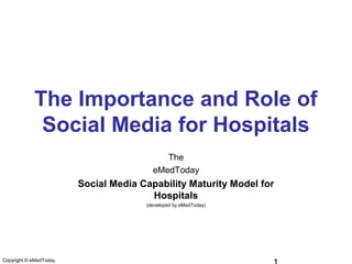 The Importance and Role of
Social Media for Hospitals
The
eMedToday
Social Media Capability Maturity Model for
Hospitals
(developed by eMedToday)
Copyright © eMedToday
 
