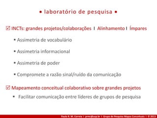 Paulo R. M. Correia I prmc@usp.br I Grupo de Pesquisa Mapas Conceituais I © 2013
 laboratório de pesquisa 
 INCTs: grandes projetos/colaborações I Alinhamento I Ímpares
 Assimetria de vocabulário
 Assimetria informacional
 Assimetria de poder
 Compromete a razão sinal/ruído da comunicação
 Mapeamento conceitual colaborativo sobre grandes projetos
 Facilitar comunicação entre líderes de grupos de pesquisa
 