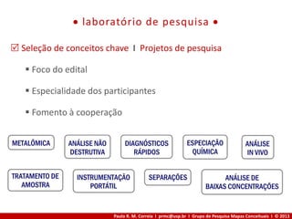 Paulo R. M. Correia I prmc@usp.br I Grupo de Pesquisa Mapas Conceituais I © 2013
 laboratório de pesquisa 
 Seleção de conceitos chave I Projetos de pesquisa
 Foco do edital
 Especialidade dos participantes
 Fomento à cooperação
 