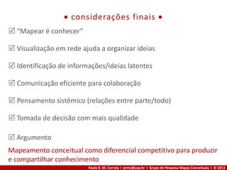 Paulo R. M. Correia I prmc@usp.br I Grupo de Pesquisa Mapas Conceituais I © 2013
 considerações finais 
 Argumento
Mapeamento conceitual como diferencial competitivo para produzir
e compartilhar conhecimento
 “Mapear é conhecer”
 Visualização em rede ajuda a organizar ideias
 Identificação de informações/ideias latentes
 Comunicação eficiente para colaboração
 Pensamento sistêmico (relações entre parte/todo)
 Tomada de decisão com mais qualidade
 