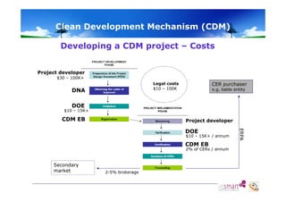 Clean Development Mechanism (CDM)
Developing a CDM project – Costs
Project developer
$30 – 100K+
Legal costs
$10 – 100K

DNA

CER purchaser
e.g. liable entity

DOE

$10 – 15K+

CDM EB

Project developer
$10 – 15K+ / annum

CDM EB

2% of CERs / annum

Secondary
market

2-5% brokerage

ERPA

DOE

 