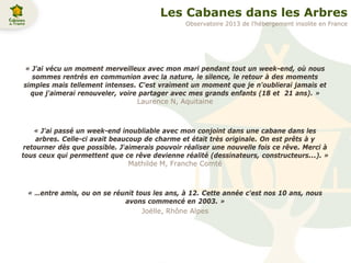 Les Cabanes dans les Arbres
« J'ai vécu un moment merveilleux avec mon mari pendant tout un week-end, où nous
sommes rentrés en communion avec la nature, le silence, le retour à des moments
simples mais tellement intenses. C'est vraiment un moment que je n'oublierai jamais et
que j'aimerai renouveler, voire partager avec mes grands enfants (18 et 21 ans). »
Laurence N, Aquitaine
« J'ai passé un week-end inoubliable avec mon conjoint dans une cabane dans les
arbres. Celle-ci avait beaucoup de charme et était très originale. On est prêts à y
retourner dès que possible. J'aimerais pouvoir réaliser une nouvelle fois ce rêve. Merci à
tous ceux qui permettent que ce rêve devienne réalité (dessinateurs, constructeurs...). »
Mathilde M, Franche Comté
« …entre amis, ou on se réunit tous les ans, à 12. Cette année c'est nos 10 ans, nous
avons commencé en 2003. »
Joëlle, Rhône Alpes
Observatoire 2013 de l’hébergement insolite en France
 