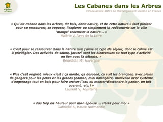 Les Cabanes dans les Arbres
« Qui dit cabane dans les arbres, dit bois, donc nature, et de cette nature il faut profiter
pour se ressourcer, se reposer, l'explorer ou simplement la redécouvrir car la ville
"mange" tellement la nature... »
Valérie V, Pays de la Loire
« C'est pour se ressourcer dans la nature que j'aime ce type de séjour, donc le calme est
à privilégier. Des activités de sauna, jacuzzi sont les bienvenues ou tout type d'activité
en lien avec la détente. »
Bénédicte M, Auvergne
« Plus c'est original, mieux c'est ! ça monte, ça descend, ça suit les branches, avec pleins
de gadgets pour les petits et les grands (hamac, mini balançoire, manivelle avec système
d'engrenage tout en bois pour faire arriver l'eau ou monter/descendre le panier, un toit
ouvrant, etc.) »
Laurent V, Aquitaine
« Pas trop en hauteur pour mon épouse ... Hélas pour moi »
Gabrielle A, Haute Normandie
Observatoire 2013 de l’hébergement insolite en France
 