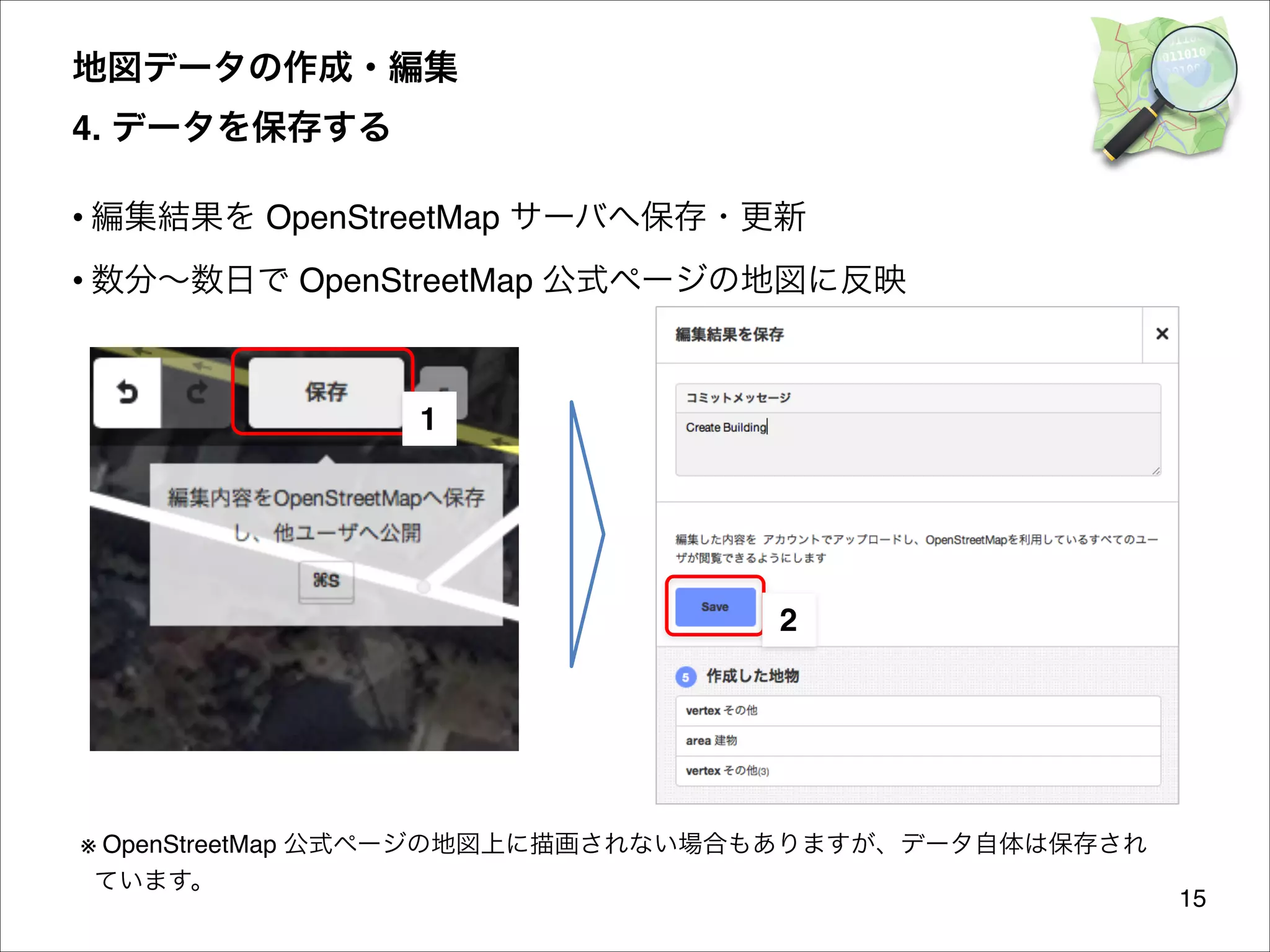 地図データの作成・編集 
4. データを保存する
• 編集結果を OpenStreetMap サーバへ保存・更新
• 数分∼数日で OpenStreetMap 公式ページの地図に反映

1

2

※ OpenStreetMap 公式ページの地図上に描画されない場合もありますが、データ自体は保存され
ています。

15

 