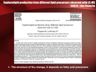 Sophorolipid production from different lipid precursors observed with LC-MS
130629 / Ahn Chang ha
 The structure of SLs c...
