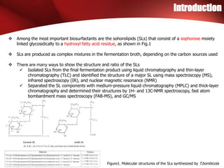 Introduction
Figure1. Molecular structures of the SLs synthesized by T.bombicola
 Among the most important biosurfactants are the sohorolipids (SLs) that consist of a sophorose moiety
linked glycosidically to a hydroxyl fatty acid residue, as shown in Fig.1
 SLs are produced as complex mixtures in the fermentation broth, depending on the carbon sources used
 There are many ways to show the structure and ratio of the SLs
 Isolated SLs from the final fermentation product using liquid chromatography and thin-layer
chromatography (TLC) and identified the structure of a major SL using mass spectroscopy (MS),
infrared spectroscopy (IR), and nuclear magnetic resonance (NMR)
 Separated the SL components with medium-pressure liquid chromatography (MPLC) and thick-layer
chromatography and determined their structures by 1H- and 13C-NMR spectroscopy, fast atom
bombardment mass spectroscopy (FAB-MS), and GC/MS
 