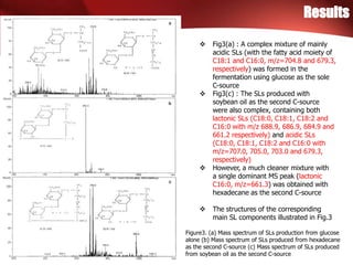 Results
Figure3. (a) Mass spectrum of SLs production from glucose
alone (b) Mass spectrum of SLs produced from hexadecane
as the second C-source (c) Mass spectrum of SLs produced
from soybean oil as the second C-source
 Fig3(a) : A complex mixture of mainly
acidic SLs (with the fatty acid moiety of
C18:1 and C16:0, m/z=704.8 and 679.3,
respectively) was formed in the
fermentation using glucose as the sole
C-source
 Fig3(c) : The SLs produced with
soybean oil as the second C-source
were also complex, containing both
lactonic SLs (C18:0, C18:1, C18:2 and
C16:0 with m/z 688.9, 686.9, 684.9 and
661.2 respectively) and acidic SLs
(C18:0, C18:1, C18:2 and C16:0 with
m/z=707.0, 705.0, 703.0 and 679.3,
respectively)
 However, a much cleaner mixture with
a single dominant MS peak (lactonic
C16:0, m/z=661.3) was obtained with
hexadecane as the second C-source
 The structures of the corresponding
main SL components illustrated in Fig.3
 