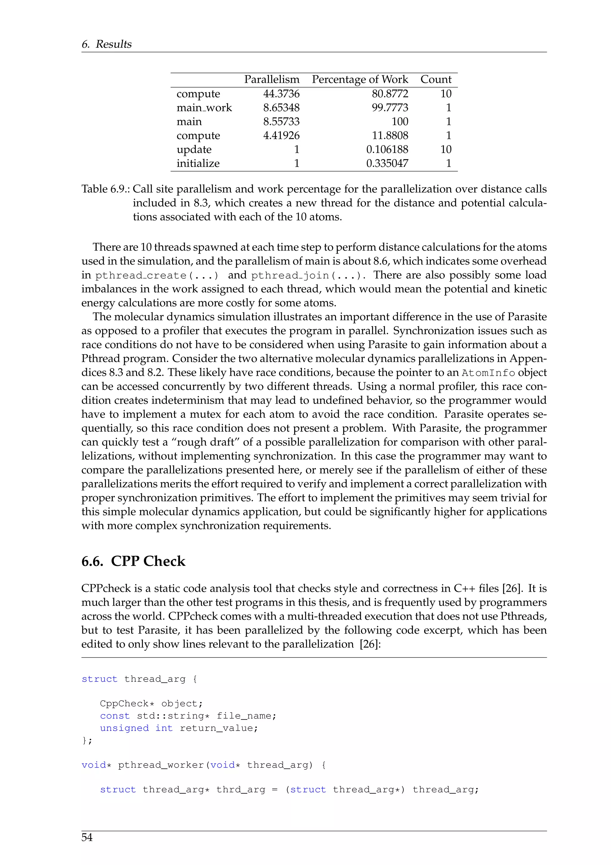 6. Results
Parallelism Percentage of Work Count
compute 44.3736 80.8772 10
main work 8.65348 99.7773 1
main 8.55733 100 1
compute 4.41926 11.8808 1
update 1 0.106188 10
initialize 1 0.335047 1
Table 6.9.: Call site parallelism and work percentage for the parallelization over distance calls
included in 8.3, which creates a new thread for the distance and potential calcula-
tions associated with each of the 10 atoms.
There are 10 threads spawned at each time step to perform distance calculations for the atoms
used in the simulation, and the parallelism of main is about 8.6, which indicates some overhead
in pthread create(...) and pthread join(...). There are also possibly some load
imbalances in the work assigned to each thread, which would mean the potential and kinetic
energy calculations are more costly for some atoms.
The molecular dynamics simulation illustrates an important difference in the use of Parasite
as opposed to a proﬁler that executes the program in parallel. Synchronization issues such as
race conditions do not have to be considered when using Parasite to gain information about a
Pthread program. Consider the two alternative molecular dynamics parallelizations in Appen-
dices 8.3 and 8.2. These likely have race conditions, because the pointer to an AtomInfo object
can be accessed concurrently by two different threads. Using a normal proﬁler, this race con-
dition creates indeterminism that may lead to undeﬁned behavior, so the programmer would
have to implement a mutex for each atom to avoid the race condition. Parasite operates se-
quentially, so this race condition does not present a problem. With Parasite, the programmer
can quickly test a “rough draft” of a possible parallelization for comparison with other paral-
lelizations, without implementing synchronization. In this case the programmer may want to
compare the parallelizations presented here, or merely see if the parallelism of either of these
parallelizations merits the effort required to verify and implement a correct parallelization with
proper synchronization primitives. The effort to implement the primitives may seem trivial for
this simple molecular dynamics application, but could be signiﬁcantly higher for applications
with more complex synchronization requirements.
6.6. CPP Check
CPPcheck is a static code analysis tool that checks style and correctness in C++ ﬁles [26]. It is
much larger than the other test programs in this thesis, and is frequently used by programmers
across the world. CPPcheck comes with a multi-threaded execution that does not use Pthreads,
but to test Parasite, it has been parallelized by the following code excerpt, which has been
edited to only show lines relevant to the parallelization [26]:
struct thread_arg {
CppCheck* object;
const std::string* file_name;
unsigned int return_value;
};
void* pthread_worker(void* thread_arg) {
struct thread_arg* thrd_arg = (struct thread_arg*) thread_arg;
54
 
