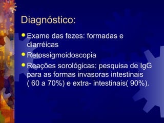 Diagnóstico:
 Exame das fezes: formadas e
diarréicas
 Retossigmoidoscopia
 Reações sorológicas: pesquisa de IgG
para as formas invasoras intestinais
( 60 a 70%) e extra- intestinais( 90%).
 