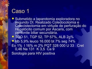 Caso 1
 Submetido a laparotomia exploradora no
segundo DI. Realizado Coledocotomia e
Colecistectomia em virtude de perfuração do
Hepatócito comum por Áscaris, com
peritonite biliar secundária.
 TGO 51, TGP 52, TP 57%, ALB 2g%
 Hb 5,9% leuco 16.000 bt 7% seg 74%
Eo 1% l 16% m 2% PQT 328 000 U 33 Cret
0,46 Na 131 K 3,5 Ca 9
Sorologia para HIV positiva
 