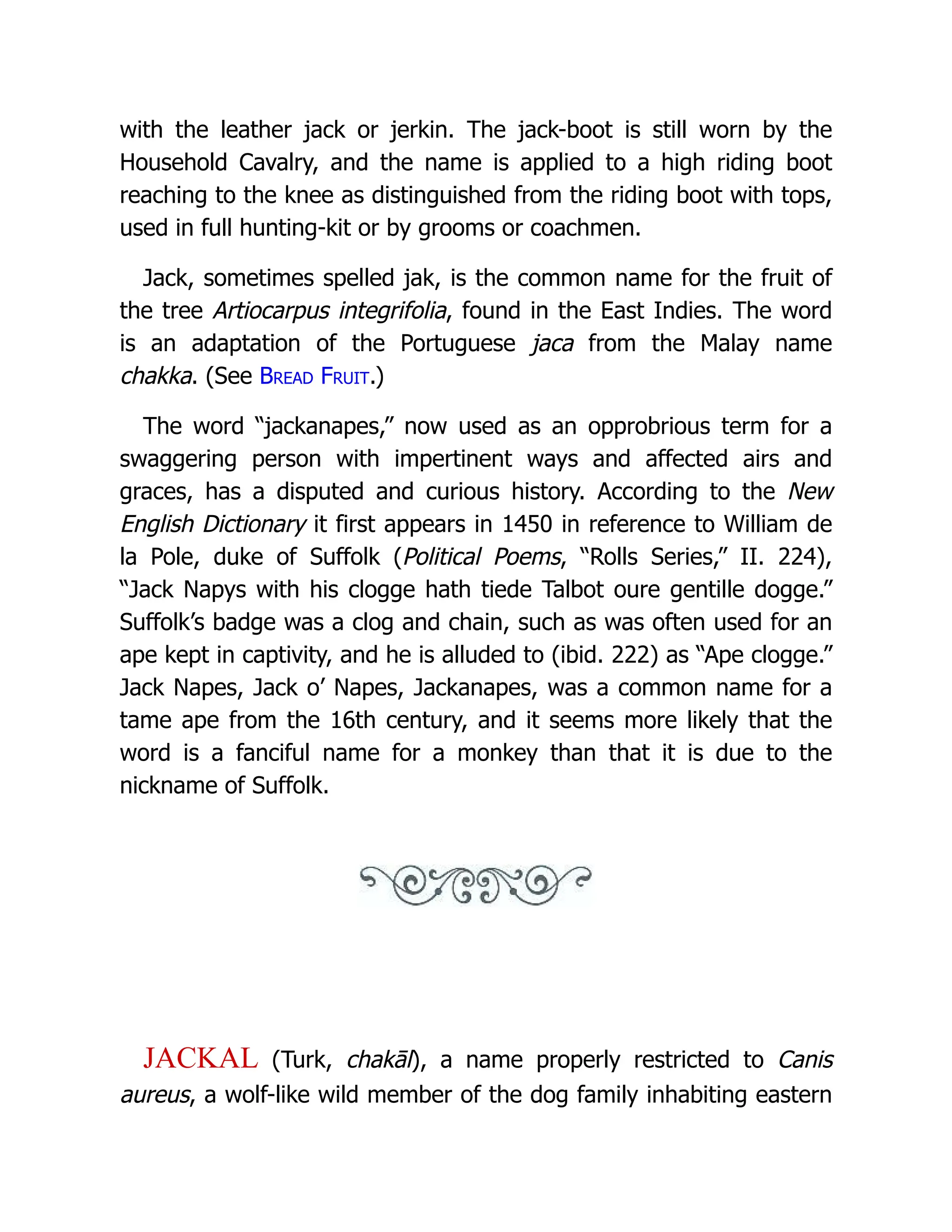 with the leather jack or jerkin. The jack-boot is still worn by the
Household Cavalry, and the name is applied to a high riding boot
reaching to the knee as distinguished from the riding boot with tops,
used in full hunting-kit or by grooms or coachmen.
Jack, sometimes spelled jak, is the common name for the fruit of
the tree Artiocarpus integrifolia, found in the East Indies. The word
is an adaptation of the Portuguese jaca from the Malay name
chakka. (See Bread Fruit.)
The word “jackanapes,” now used as an opprobrious term for a
swaggering person with impertinent ways and affected airs and
graces, has a disputed and curious history. According to the New
English Dictionary it first appears in 1450 in reference to William de
la Pole, duke of Suffolk (Political Poems, “Rolls Series,” II. 224),
“Jack Napys with his clogge hath tiede Talbot oure gentille dogge.”
Suffolk’s badge was a clog and chain, such as was often used for an
ape kept in captivity, and he is alluded to (ibid. 222) as “Ape clogge.”
Jack Napes, Jack o’ Napes, Jackanapes, was a common name for a
tame ape from the 16th century, and it seems more likely that the
word is a fanciful name for a monkey than that it is due to the
nickname of Suffolk.
JACKAL (Turk, chakāl), a name properly restricted to Canis
aureus, a wolf-like wild member of the dog family inhabiting eastern
 