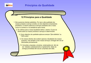 12 Princípios para a Qualidade
2. Os critérios para a nossa Qualidade define o cliente. O juízo do
cliente sobre os nossos produtos e serviços é determinante.
4. Os nossos clientes não avaliam apenas a Qualidade dos nossos
produtos, mas também a dos nossos serviços. Entregas têm de ser
efectuadas pontualmente.
5. Consultas, propostas, amostras, reclamações etc. têm de
ser tratadas cuidadosamente e rapidamente. Datas de
entrega prometidas têm de ser cumpridas sem falta.
1. Nós queremos clientes satisfeitos. Por isso a alta qualidade dos
nossos produtos e serviço constitui um dos objectivos empresariais
prioritários. O mesmo aplica-se a serviços prestados sob o nosso
nome no comércio e na assistência após venda.
Princípios da Qualidade
3. Como objectivo da qualidade aplica-se sempre “Zero-defeitos“ ou
“100% certo“.
 