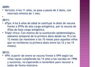 2009:
• Varicela: A los 11 años, se pasa a pauta de 2 dosis, con
intervalo mínimo de 1 mes.
•
2011:
• dTpa: A los 6 años de edad se sustituye la dosis de vacuna
frente a DTPa de alta carga antigénica, por la vacuna de
dTpa de baja carga antigénica.
• Triple vírica: Con motivo de la sustitución epidemiológica,
adelanto temporal de la primera dosis desde los 15 a los
12 meses (se mantiene a los 15 meses para aquellos niños
que no recibieron la primera dosis entre los 12 y los 15
meses).
2012:
• VPH: A partir de enero se vacuna frente a VPH según las
niñas vayan cumpliendo los 14 años a las nacidas en 1998
y sucesivas, no esperando a noviembre para vacunar a
todas de forma intensiva
 