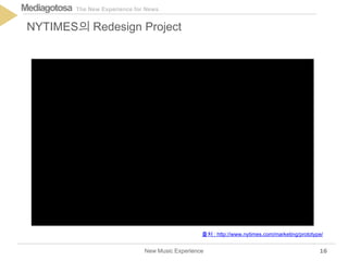 The New Experience for NewsMediagotosa
New Music Experience
NYTIMES의 Redesign Project
16
출처 : http://www.nytimes.com/marketing/prototype/
 