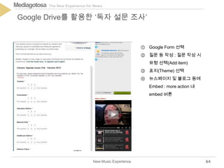The New Experience for NewsMediagotosa
New Music Experience
Google Drive를 활용한 ‘독자 설문 조사’
64
① Google Form 선택
② 질문 등 작성 : 질문 작성 시
유형 선택(Add item)
③ 표지(Theme) 선택
④ 뉴스페이지 및 블로그 등에
Embed : more action 내
embed 버튼
 