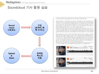 The New Experience for NewsMediagotosa
New Music Experience
Soundcloud 기사 활용 실습
86
Sound
cloud
다운로드
가입
(트위터, 페
북 아이디)
취재원
목소리
녹음
Upload
&
Ebed
 
