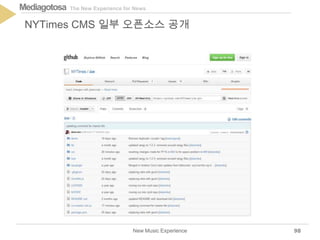 The New Experience for NewsMediagotosa
New Music Experience
NYTimes CMS 일부 오픈소스 공개
98
 