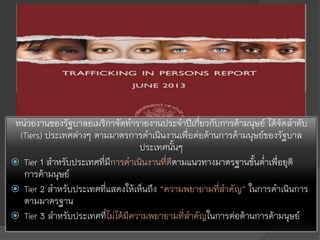 หน่วยงานของรัฐบาลอเมริกาจัดทารายงานประจาปีเกี่ยวกับการค้ามนุษย์ ได้จัดลาดับ
(Tiers) ประเทศต่างๆ ตามมาตรการดาเนินงานเพื่อต่อต้านการค้ามนุษย์ของรัฐบาล
ประเทศนั้นๆ
 Tier 1 สาหรับประเทศที่มีการดาเนินงานที่ดีตามแนวทางมาตรฐานขั้นต่าเพื่อยุติ
การค้ามนุษย์
 Tier 2 สาหรับประเทศที่แสดงให้เห็นถึง “ความพยายามที่สาคัญ” ในการดาเนินการ
ตามมาตรฐาน
 Tier 3 สาหรับประเทศที่ไม่ได้มีความพยายามที่สาคัญในการต่อต้านการค้ามนุษย์
 