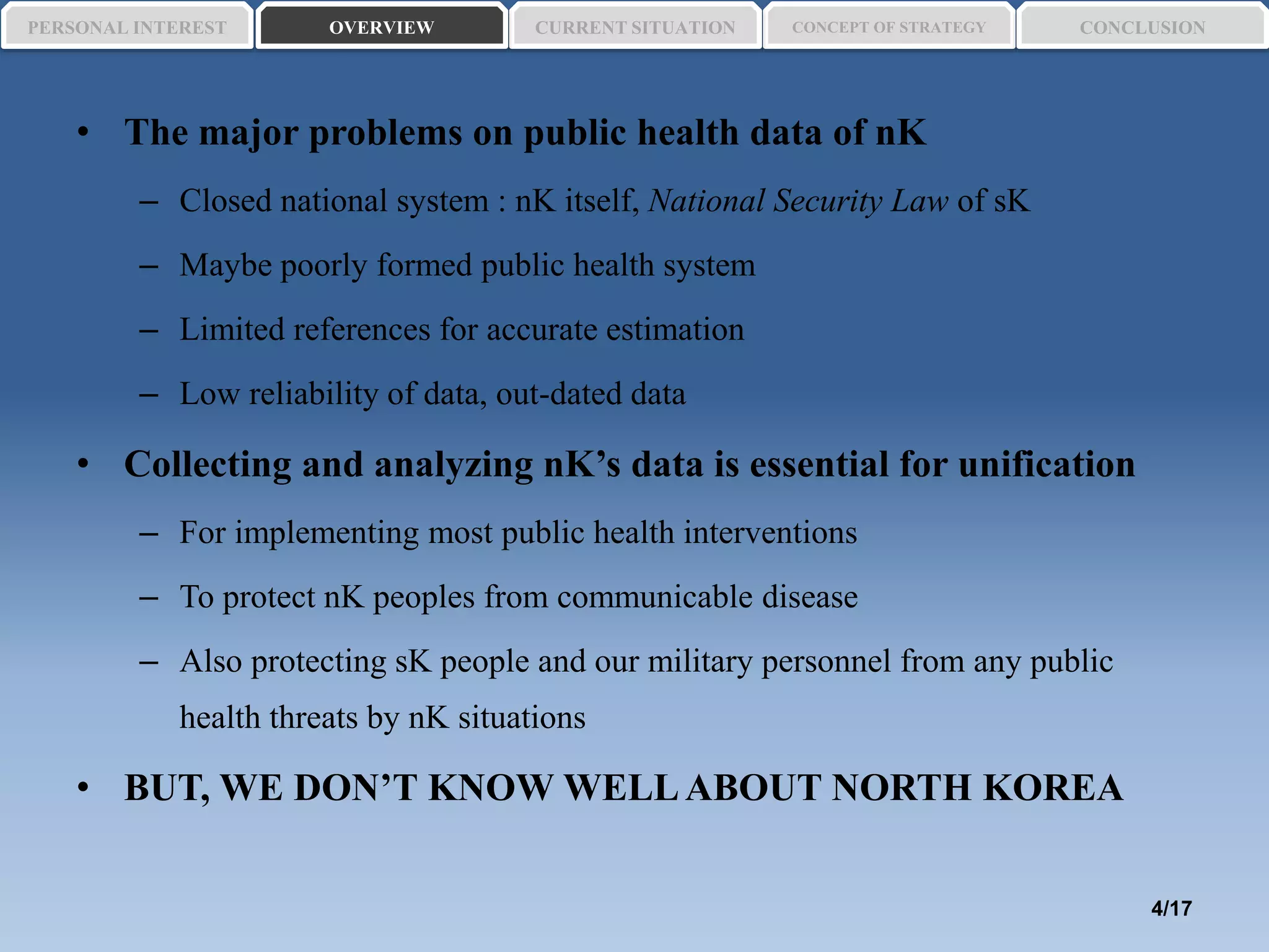 • The major problems on public health data of nK
– Closed national system : nK itself, National Security Law of sK
– Maybe poorly formed public health system
– Limited references for accurate estimation
– Low reliability of data, out-dated data
• Collecting and analyzing nK’s data is essential for unification
– For implementing most public health interventions
– To protect nK peoples from communicable disease
– Also protecting sK people and our military personnel from any public
health threats by nK situations
• BUT, WE DON’T KNOW WELLABOUT NORTH KOREA
PERSONAL INTEREST CONCEPT OF STRATEGYCURRENT SITUATIONOVERVIEW CONCLUSION
4/17
 