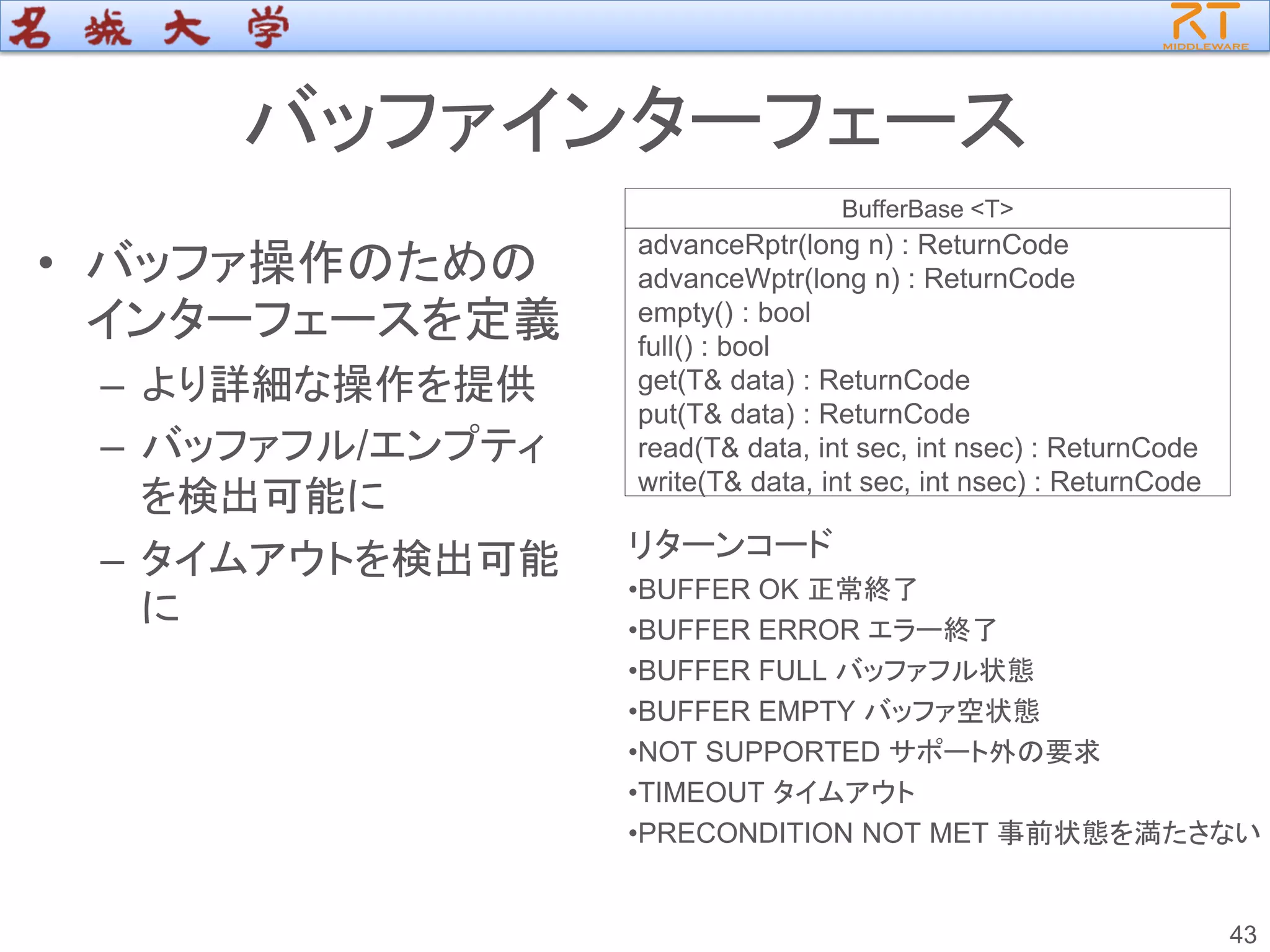 バッファインターフェース
• バッファ操作のための
インターフェースを定義
– より詳細な操作を提供
– バッファフル/エンプティ
を検出可能に
– タイムアウトを検出可能
に
リターンコード
•BUFFER OK 正常終了
•BUFFER ERROR エラー終了
•BUFFER FULL バッファフル状態
•BUFFER EMPTY バッファ空状態
•NOT SUPPORTED サポート外の要求
•TIMEOUT タイムアウト
•PRECONDITION NOT MET 事前状態を満たさない
43
advanceRptr(long n) : ReturnCode
advanceWptr(long n) : ReturnCode
empty() : bool
full() : bool
get(T& data) : ReturnCode
put(T& data) : ReturnCode
read(T& data, int sec, int nsec) : ReturnCode
write(T& data, int sec, int nsec) : ReturnCode
BufferBase <T>
 