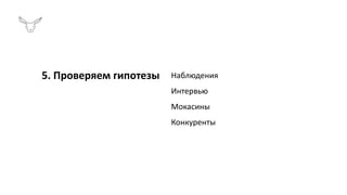 5. Проверяем гипотезы Наблюдения
Интервью
Мокасины
Конкуренты
 