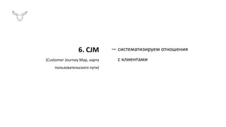 6. CJM
(Customer Journey Map, карта
пользовательского пути)
— систематизируем отношения
с клиентами
 