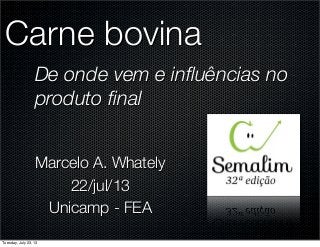Carne bovina
De onde vem e inﬂuências no
produto ﬁnal
Marcelo A. Whately
22/jul/13
Unicamp - FEA
Tuesday, July 23, 13
 