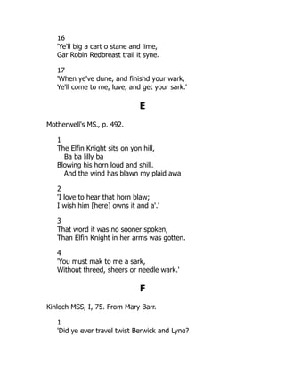 16
'Ye'll big a cart o stane and lime,
Gar Robin Redbreast trail it syne.
17
'When ye've dune, and finishd your wark,
Ye'll come to me, luve, and get your sark.'
E
Motherwell's MS., p. 492.
1
The Elfin Knight sits on yon hill,
Ba ba lilly ba
Blowing his horn loud and shill.
And the wind has blawn my plaid awa
2
'I love to hear that horn blaw;
I wish him [here] owns it and a'.'
3
That word it was no sooner spoken,
Than Elfin Knight in her arms was gotten.
4
'You must mak to me a sark,
Without threed, sheers or needle wark.'
F
Kinloch MSS, I, 75. From Mary Barr.
1
'Did ye ever travel twist Berwick and Lyne?
 