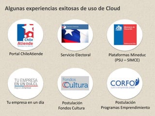 Algunas experiencias exitosas de uso de Cloud
Portal ChileAtiende Plataformas Mineduc
(PSU – SIMCE)
Servicio Electoral
Tu empresa en un día Postulación
Fondos Cultura
Postulación
Programas Emprendimiento
 