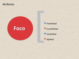 Atributos
+Flexibilidad
+Escalabilidad
+Estabilidad
+Agilidad
Foco
 