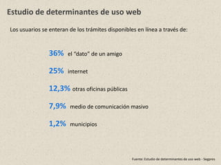 36% el “dato” de un amigo
25% internet
12,3% otras oficinas públicas
7,9% medio de comunicación masivo
1,2% municipios
Estudio de determinantes de uso web
Los usuarios se enteran de los trámites disponibles en línea a través de:
Fuente: Estudio de determinantes de uso web - Segpres
 