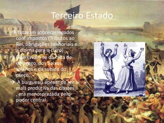 Terceiro Estado
 Estavam sobrecarregados
  com impostos (Tributos ao
  Rei, obrigações senhoriais e
  a dízima para o clero)
 Queixavam-se da falta de
  emprego, dos baixos
  salários e da subida do
  preço.
 A burguesia apesar de ser a
  mais produtiva das classes
  , era menosprezada pelo
  poder central
 