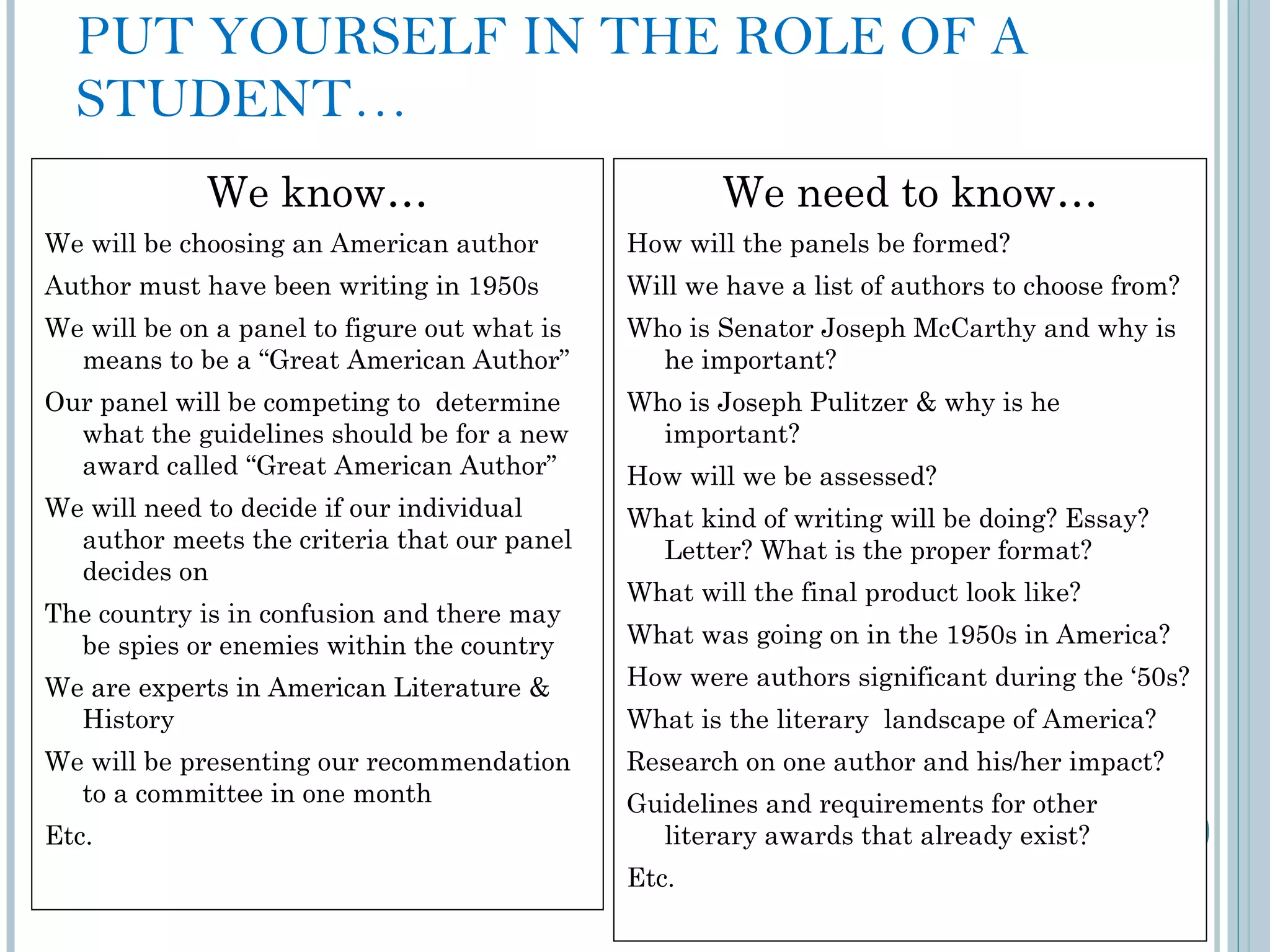 PUT YOURSELF IN THE ROLE OF A STUDENT… We know… We will be choosing an American author Author must have been writing in 1950s We will be on a panel to figure out what is means to be a “Great American Author” Our panel will be competing to  determine what the guidelines should be for a new award called “Great American Author” We will need to decide if our individual author meets the criteria that our panel decides on The country is in confusion and there may be spies or enemies within the country We are experts in American Literature & History We will be presenting our recommendation to a committee in one month Etc. We need to know… How will the panels be formed? Will we have a list of authors to choose from? Who is Senator Joseph McCarthy and why is he important? Who is Joseph Pulitzer & why is he important? How will we be assessed? What kind of writing will be doing? Essay? Letter? What is the proper format? What will the final product look like? What was going on in the 1950s in America? How were authors significant during the ‘50s? What is the literary  landscape of America? Research on one author and his/her impact? Guidelines and requirements for other literary awards that already exist? Etc. 