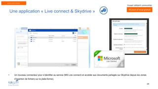 14
30 jours d’essai gratuit
Essayer talkSpirit communities
Une application « Live connect & Skydrive »
• Un nouveau connecteur pour s’identifier au service (MS Live connect) et accéder aux documents partagés sur Skydrive depuis les zones
d’insertion de fichiers sur la plate-forme).
A P P L I C A T I O N S
 