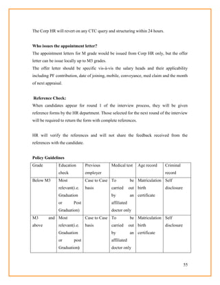 55
The Corp HR will revert on any CTC query and structuring within 24 hours.
Who issues the appointment letter?
The appointment letters for M grade would be issued from Corp HR only, but the offer
letter can be issue locally up to M3 grades.
The offer letter should be specific vis-à-vis the salary heads and their applicability
including PF contribution, date of joining, mobile, conveyance, med claim and the month
of next appraisal.
Reference Check:
When candidates appear for round 1 of the interview process, they will be given
reference forms by the HR department. Those selected for the next round of the interview
will be required to return the form with complete references.
HR will verify the references and will not share the feedback received from the
references with the candidate.
Policy Guidelines
Grade Education
check
Previous
employer
Medical test Age record Criminal
record
Below M3 Most
relevant(i.e.
Graduation
or Post
Graduation)
Case to Case
basis
To be
carried out
by an
affiliated
doctor only
Matriculation
birth
certificate
Self
disclosure
M3 and
above
Most
relevant(i.e.
Graduation
or post
Graduation)
Case to Case
basis
To be
carried out
by an
affiliated
doctor only
Matriculation
birth
certificate
Self
disclosure
 