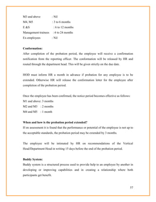 57
M3 and above : Nil
M4, M5 : 3 to 6 months
E &S : 6 to 12 months
Management trainees : 6 to 24 months
Ex-employees : Nil
Conformation:
After completion of the probation period, the employee will receive a confirmation
notification from the reporting officer. The conformation will be released by HR and
routed through the department head. This will be given strictly on the due date.
HOD must inform HR a month in advance if probation for any employee is to be
extended. Otherwise HR will release the conformation letter for the employee after
completion of the probation period.
Once the employee has been confirmed, the notice period becomes effective as follows:
M1 and above: 3 months
M2 and M3 : 2 months
M4 and M5 : 1 month
When and how is the probation period extended?
If on assessment it is found that the performance or potential of the employee is not up to
the acceptable standards, the probation period may be extended by 3 months.
The employee will be intimated by HR on recommendations of the Vertical
Head/Department Head in writing 15 days before the end of the probation period.
Buddy System:
Buddy system is a structured process used to provide help to an employee by another in
developing or improving capabilities and in creating a relationship where both
participants get benefit.
 