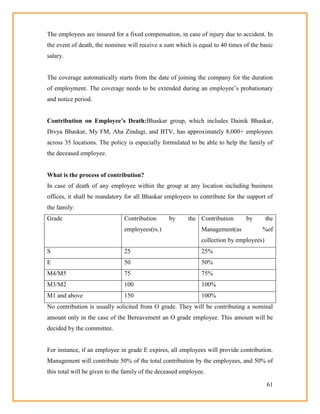 61
The employees are insured for a fixed compensation, in case of injury due to accident. In
the event of death, the nominee will receive a sum which is equal to 40 times of the basic
salary.
The coverage automatically starts from the date of joining the company for the duration
of employment. The coverage needs to be extended during an employee‘s probationary
and notice period.
Contribution on Employee‟s Death:Bhaskar group, which includes Dainik Bhaskar,
Divya Bhaskar, My FM, Aha Zindagi, and BTV, has approximately 8,000+ employees
across 35 locations. The policy is especially formulated to be able to help the family of
the deceased employee.
What is the process of contribution?
In case of death of any employee within the group at any location including business
offices, it shall be mandatory for all Bhaskar employees to contribute for the support of
the family:
Grade Contribution by the
employees(rs.)
Contribution by the
Management(as %of
collection by employees)
S 25 25%
E 50 50%
M4/M5 75 75%
M3/M2 100 100%
M1 and above 150 100%
No contribution is usually solicited from O grade. They will be contributing a nominal
amount only in the case of the Bereavement an O grade employee. This amount will be
decided by the committee.
For instance, if an employee in grade E expires, all employees will provide contribution.
Management will contribute 50% of the total contribution by the employees, and 50% of
this total will be given to the family of the deceased employee.
 