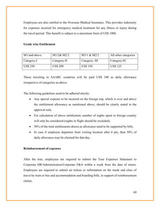 69
Employees are also entitled to the Overseas Medical Insurance. This provides indemnity
for expenses incurred for emergency medical treatment for any illness or injury during
the travel period. This benefit is subject to a maximum limit of US$ 1000.
Grade wise Entitlement
M1/and above M1/2& M2/2 M3/1 & M2/2 All other categories
Category-I Category-II Category- III Category-IV
US$ 250 US$ 200 US$ 150 US$ 125
Those traveling to SAARC countries will be paid US$ 100 as daily allowance
irrespective of categories as above.
The following guidelines need to be adhered strictly:
 Any special expense to be incurred on the foreign trip, which is over and above
the entitlement allowance as mentioned above, should be clearly stated in the
approval note.
 For calculation of above entitlement, number of nights spent in foreign country
will only be considered (nights in flight should be excluded).
 50% of the total entitlements drawn as allowance need to be supported by bills.
 In case if employee departure from visiting location after 6 pm, then 50% of
daily allowance may be claimed for that day.
Reimbursement of expenses
After the tour, employees are required to submit the Tour Expenses Statement to
Corporate HR/Administration/Corporate F&A within a week from the date of return.
Employees are required to submit air tickets or information on the mode and class of
travel by train or bus and accommodation and boarding bills, in support of reimbursement
claims.
 
