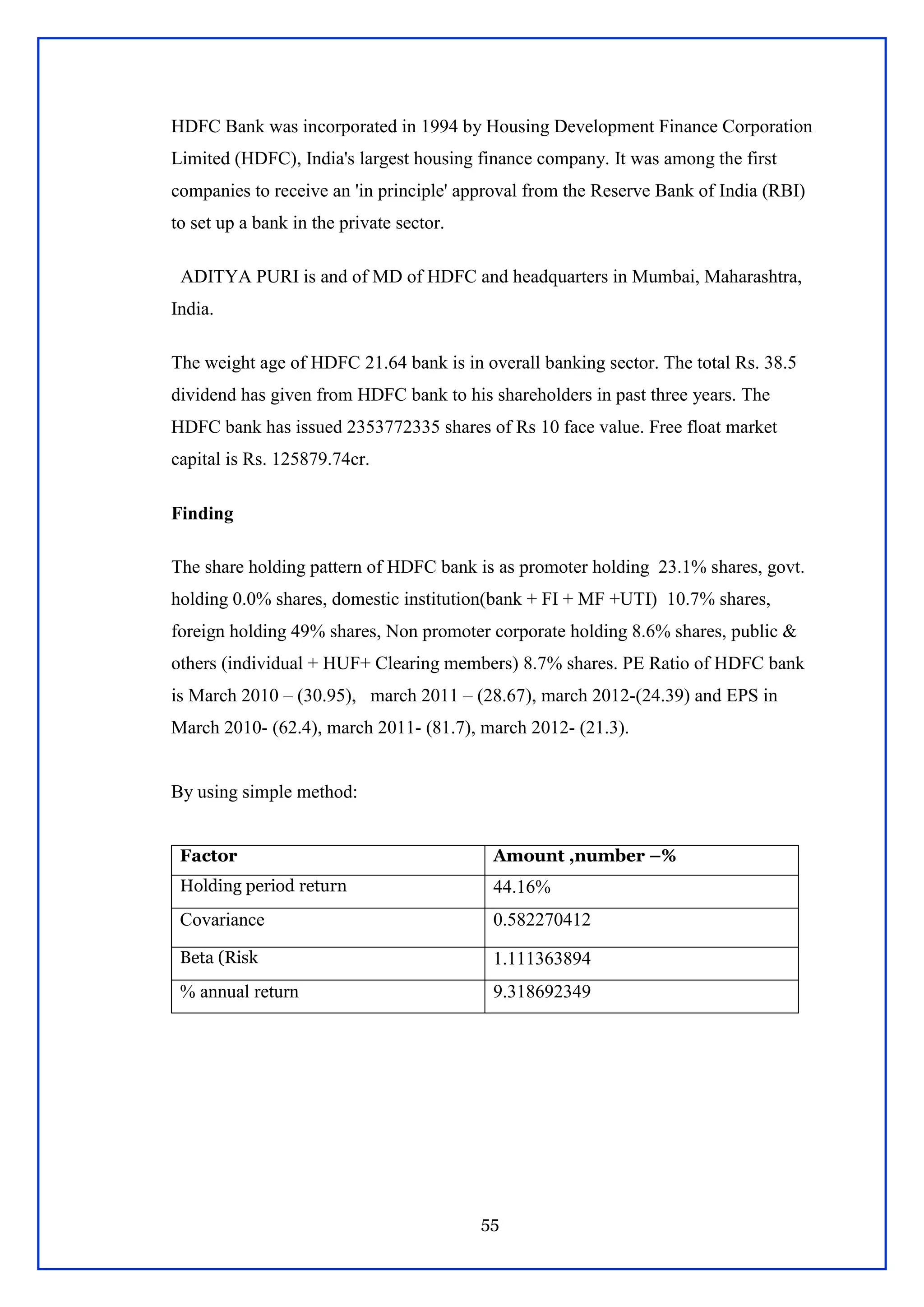 55
HDFC Bank was incorporated in 1994 by Housing Development Finance Corporation
Limited (HDFC), India's largest housing finance company. It was among the first
companies to receive an 'in principle' approval from the Reserve Bank of India (RBI)
to set up a bank in the private sector.
ADITYA PURI is and of MD of HDFC and headquarters in Mumbai, Maharashtra,
India.
The weight age of HDFC 21.64 bank is in overall banking sector. The total Rs. 38.5
dividend has given from HDFC bank to his shareholders in past three years. The
HDFC bank has issued 2353772335 shares of Rs 10 face value. Free float market
capital is Rs. 125879.74cr.
Finding
The share holding pattern of HDFC bank is as promoter holding 23.1% shares, govt.
holding 0.0% shares, domestic institution(bank + FI + MF +UTI) 10.7% shares,
foreign holding 49% shares, Non promoter corporate holding 8.6% shares, public &
others (individual + HUF+ Clearing members) 8.7% shares. PE Ratio of HDFC bank
is March 2010 – (30.95), march 2011 – (28.67), march 2012-(24.39) and EPS in
March 2010- (62.4), march 2011- (81.7), march 2012- (21.3).
By using simple method:
Factor Amount ,number –%
Holding period return 44.16%
Covariance 0.582270412
Beta (Risk 1.111363894
% annual return 9.318692349
 