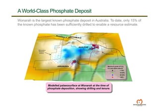 A World-Class Phosphate Deposit
9
Wonarah is the largest known phosphate deposit in Australia. To date, only 15% of
the known phosphate has been sufficiently drilled to enable a resource estimate.
 