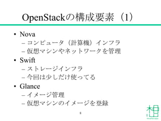 OpenStackの構成要素（1）
&bull; Nova
&ndash; コンピュータ（計算機）インフラ
&ndash; 仮想マシンやネットワークを管理
&bull; Swift
&ndash; ストレージインフラ
&ndash; 今回は少しだけ使ってる
&bull; Glance
&ndash; イメージ管理
&ndash; 仮想マシンのイメージを登録
8
 