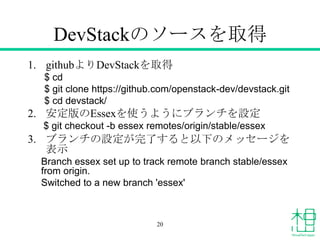 DevStackのソースを取得
1. githubよりDevStackを取得
$ cd
$ git clone https://github.com/openstack-dev/devstack.git
$ cd devstack/
2. 安定版のEssexを使うようにブランチを設定
$ git checkout -b essex remotes/origin/stable/essex
3. ブランチの設定が完了すると以下のメッセージを
表示
Branch essex set up to track remote branch stable/essex
from origin.
Switched to a new branch 'essex'
20
 