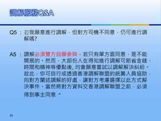 Q5 : 若我願意進行調解，但對方司機不同意，仍可進行調
解嗎?
A5 : 調解必須雙方自願參與，若只有單方面同意，是不能
開展的。然而，大部份人在得知進行調解可節省金錢、
時間和精神等優點後, 均會願意嘗試以調解解決糾紛。
故此，你可自行或透過香港調解聯盟的統籌人員協助，
向對方闡述調解的好處，讓對方考慮選擇以此方式解
決事件。當然將對方資料交香港調解聯盟之前，必須
得到事主同意。
調解服務Q&A
25
 