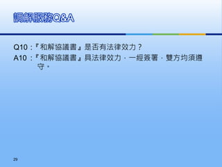 Q10 :『和解協議書』是否有法律效力？
A10 :『和解協議書』具法律效力，一經簽署，雙方均須遵
守。
調解服務Q&A
29
 