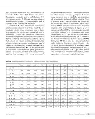 estes compostos apresentem baixa multiplicidade. Os
compostos CrPc, MnPc e FePc tiveram seus estados
fundamentais assinalados com as multiplicidades 5, 4
e 3, respectivamente. A diferença energética entre os
estados de multiplicidade 1 e 3 para o composto ScPc+1
é
de apenas 0,44 Kcal/mol (0,00071 hartree).
Geometrias. A Tabela 7 mostra uma seqüência de
cálculos usando vários níveis de teoria para CuPc. Os
resultados obtidos foram comparados com os dados
experimentais. Os cálculos das otimizações, com o
subseqüente cálculo das freqüências vibracionais,
mostraramqueageometriaencontradapormeiodométodo
Hartree-Fock (HF), com os conjuntos de bases 3-21G e
6-31G,nãoeraumaestruturageométricademínimaenergia,
pois os resultados apresentaram uma freqüência negativa
duplamente degenerada de alta intensidade, correspondendo a
um estiramento assimétrico ξ β µ
−C N -C . Isto ocorre porque
as ftalocianinas são moléculas com grande quantidade de
elétrons π e, neste caso, a inclusão explícita da correlação
eletrônica é importante para melhor descrever o sistema.A
teoria do funcional da densidade com o funcional híbrido
B3LYP mostrou ser a simetria D4H
um ponto de mínimo
local, em acordo com os resultados experimentais23
,
não apresentando nenhuma freqüência negativa. Como
o programa ZINDO não faz cálculo de freqüências,
não foi possível veriﬁcar se a geometria obtida com o
método INDO/1 apresentava ou não alguma freqüência
imaginária. Para o comprimento da ligação α
M-N , o
maior erro absoluto (0,045Å) em relação ao experimental
ocorreu com o método HF/6-31G, enquanto que o menor
erro absoluto (0,015Å) é previsto pelo método B3LYP/6-
31G*. O maior erro absoluto médio (0,020 Å) em relação
aos dados experimentais ocorre com o método INDO/1
do programa ZINDO, ao passo que o menor erro absoluto
médio (0,014 Å) é obtido com o método B3LYP/6-31G*.
Em relação aos ângulos interatômicos, o método INDO/1
é o que apresentou o menor erro absoluto médio (0,62°).
Vale lembrar que o método INDO/1, por ser um método
semi-empírico (inclui parâmetros experimentais), contém
alguma informação sobre a correlação eletrônica.
CoPc CrPc CuPc MnPc NiPc ScPc+1
TiOPc VOPc FePc ZnPc
OLM ......... ....... ........ ....... ....... ....... 1,628 1,604 ........ ........
MLPlano 0,000 0,000 0,000 0,000 0,000 0,651 1,072 0,742 0,000 0,000
α
−M N 1,936 2,054 1,913 2,038 1,897 2,145 2,141 2,155 1,971 1,984
α ξ
−N C 1,384 1,383 1,384 1,388 1,385 1,392 1,384 1,384 1,383 1,382
ξ β
−C N 1,347 1,351 1,346 1,367 1,346 1,351 1,350 1,351 1,347 1,348
ξ δ
−C C 1,452 1,454 1,451 1,433 1,451 1,450 1,452 1,452 1,449 1,453
δ ϕ
−C C 1,401 1,401 1,402 1,413 1,402 1,402 1,402 1,402 1,400 1,401
ϕ η
−C C 1,389 1,390 1,389 1,380 1,389 1,389 1,389 1,390 1,391 1,390
η
−C H 1,096 1,096 1,096 1,096 1,096 1,096 1,096 1,096 1,096 1,096
ϕ
−C H 1,095 1,096 1,095 1,096 1,095 1,095 1,096 1,096 1,098 1,095
α ξ
LM N -C 127,26 125,02 127,66 125,30 127,95 124,11 125,24 123,67 126,43 126,32
α ξ β
N -C -N 126,36 126,18 126,48 126,34 126,58 125,71 126,33 126,25 126,75 126,33
α β µ
C -N -C 122,76 127,62 121,72 126,09 120,94 128,31 125,49 125,93 123,64 124,69
ξ δ ϕ
C -C -C 133,82 133,06 133,97 133,14 133,98 132,63 133,40 133,22 132,67 133,52
δ ϕ η
C -C -C 118,17 118,72 118,05 118,80 117,84 118,35 118,40 118,41 116,86 118,36
Tabela 8: Parâmetros geométricos calculados para as metaloftalocianinas com o programa ZINDO.
Jan / Jul de 2007 Revista Processos Químicos 27
 