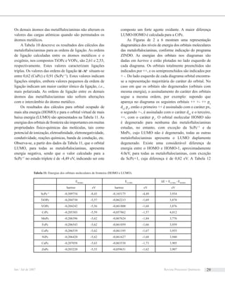 Os demais átomos das metalftalocianinas não alteram os
valores das cargas atômicas quando são permutados os
átomos metálicos.
A Tabela 10 descreve os resultados dos cálculos das
metaloftalocianinas para as ordens de ligação. As ordens
de ligação calculadas entre os átomos metálicos e o
oxigênio, nos compostos TiOPc e VOPc, são 2,61 e 2,53,
respectivamente. Estes valores caracterizam ligações
triplas. Os valores das ordens de ligação α
−M N situam-se
entre 0,62 (CuPc) e 0,91 (ScPc+1
). Estes valores indicam
ligações simples, embora valores pequenos da ordem de
ligação indicam um maior caráter iônico da ligação, i.e.,
mais polarizada. As ordens de ligação entre os demais
átomos das metalftalocianinas não sofrem alterações
com o intercâmbio do átomo metálico.
Os resultados dos cálculos para orbital ocupado de
mais alta energia (HOMO) e para o orbital virtual de mais
baixa energia (LUMO) são apresentados na Tabela 11. As
energiasdosorbitaisdefronteirasãoimportantesemmuitas
propriedades físico-químicas das moléculas, tais como
potencial de ionização, eletroaﬁnidade, eletronegatividade,
condutividade, reações químicas, banda de condução, etc.
Observa-se, a partir dos dados da Tabela 11, que o orbital
LUMO, para todas as metaloftalocianinas, apresenta
energia negativa, sendo que o valor calculado para a
ScPc+1
no estado triplete é de -4,49 eV, indicando ser este
composto um forte agente oxidante. A maior diferença
LUMO-HOMO é calculada para a CrPc.
As Figuras de 2 a 6 mostram uma representação
diagramática dos níveis de energia dos orbitais moleculares
das metaloftalocianinas, conforme indicação do programa
ZINDO. As energias dos orbitais nos diagramas são
dadas em hartree e estão plotadas no lado esquerdo de
cada diagrama. Os orbitais totalmente preenchidos são
indicados por ++, e os semipreenchidos são indicados por
+ -. Do lado esquerdo de cada diagrama orbital encontra-
se a representação majoritária do caráter do orbital. No
caso em que os orbitais são degenerados (orbitais com
mesma energia), o assinalamento do caráter dos orbitais
segue a mesma ordem, por exemplo: supondo que
apareça no diagrama os seguintes orbitais ++ +- ++ px
dx2
pz
, então o primeiro ++ é assinalado com o caráter px,
o segundo +-, é assinalado com o caráter dz2
e o terceiro,
++, com o caráter pz
. O orbital molecular HOMO não
é degenerado para nenhuma das metaloftalocianinas
estudas, no entanto, com exceção da ScPc+1
e da
MnPc, cujo LUMO não é degenerado, todas as outras
metaloftalocianinas apresenta o LUMO duplamente
degenerado. Existe uma considerável diferença de
energia entre o HOMO e HOMO-1, aproximadamente
4.0eV, para todas as metaloftalocianinas, com exceção
da ScPc+1, cuja diferença é de 0,82 eV. A Tabela 12
EHOMO
ELUMO
ΔΕ = ELUMO
-EHOMO
hartree eV hartree eV eV
ScPc+1
-0,309754 -8,43 -0,165175 -4,49 3,934
TiOPc -0,204730 -5,57 -0,062213 -1,69 3,878
VOPc -0,204242 -5,56 -0,061800 -1,68 3,876
CrPc -0,205303 -5,59 -0,057862 -1,57 4,012
MnPc -0,206396 -5,62 -0,067624 -1,84 3,776
FePc -0,206543 -5,62 -0,061059 -1,66 3,959
CoPc -0,206539 -5,62 -0,061195 -1,67 3,955
NiPc -0,206420 -5,62 -0,061627 -1,68 3,940
CuPc -0,207058 -5,63 -0,063538 -1,73 3,905
ZnPc -0,203220 -5,53 -0,059631 -1,62 3,907
Tabela 11: Energias dos orbitais moleculares de fronteira (HOMO e LUMO).
Jan / Jul de 2007 Revista Processos Químicos 29
 